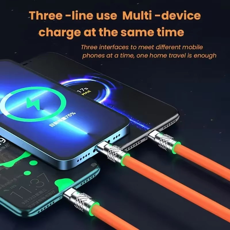 120W 6A Fast Charging C Type Cable Micro3 in 1 Micro USB Iphone Charging Cable Samsung Huawei Xiaomi Phone Charger USB Cable