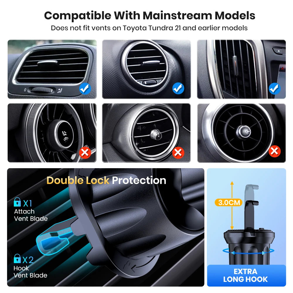 Car Phone Holder Mount, Upgrade Auto Locking Universal Phone Stand Holder with Hook Clip for Car Air Vent for Iphone Samsun