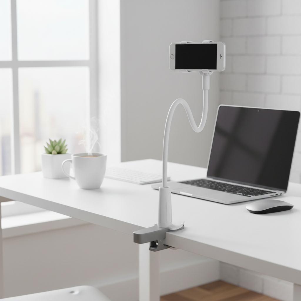 Support téléphone flexible monté sur un bureau blanc