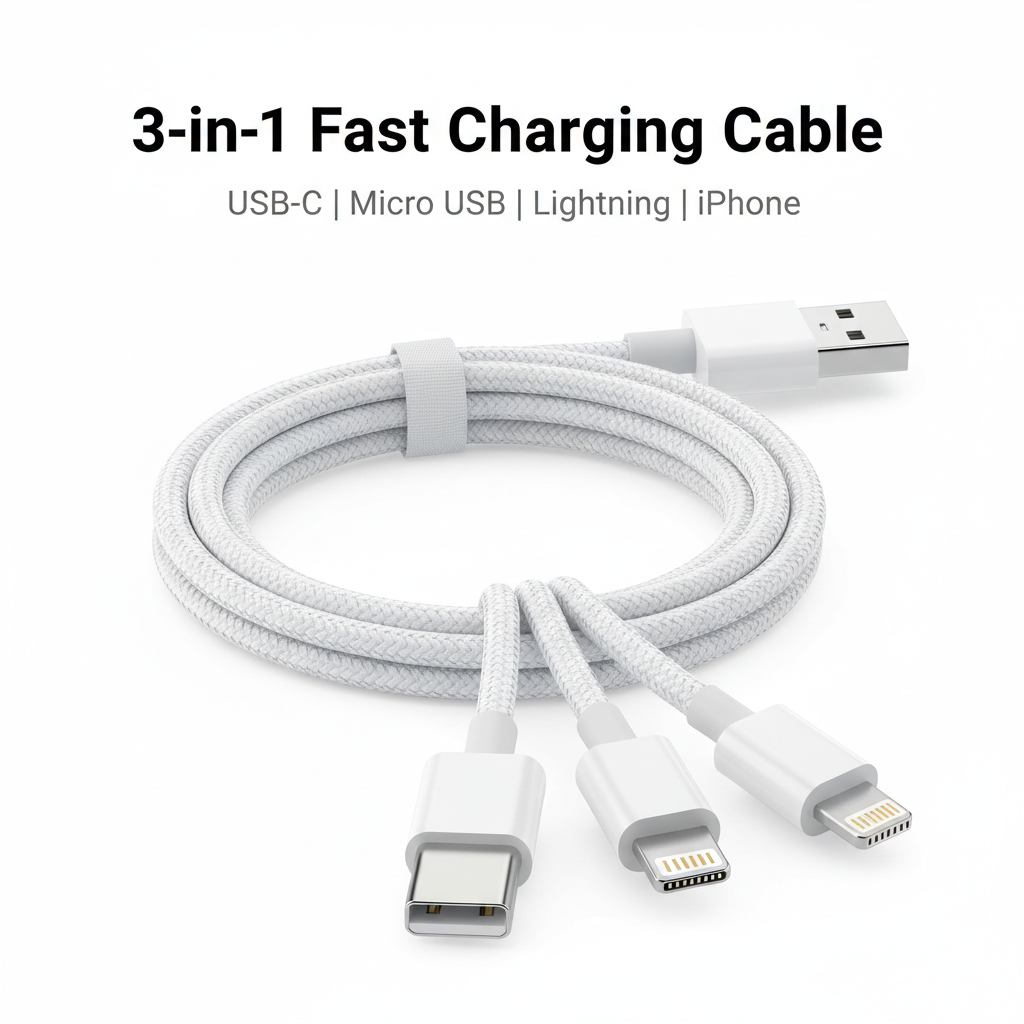 Câble chargeur rapide 3-en-1 USB-C Micro USB iPhone sur fond blanc